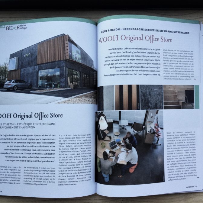 le showroom de Wooh dans la revue BETON : article du blog de helium3, bureau d'architecture à Liège